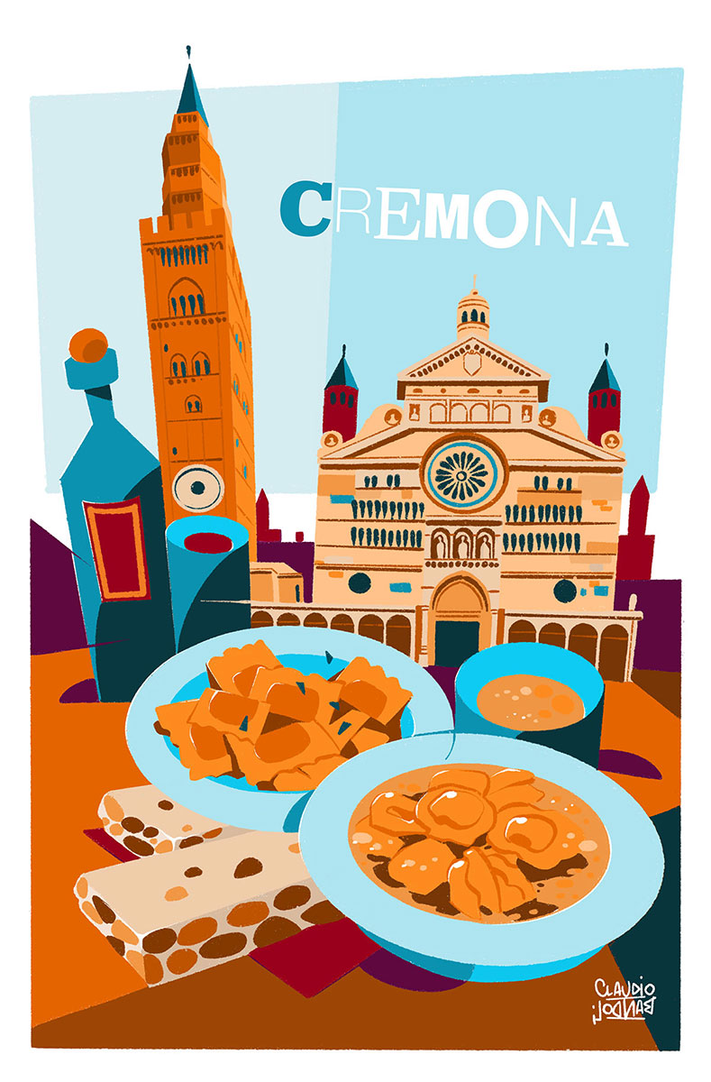Foodracers Cremona postcard - Illustration by Claudio Bandoli